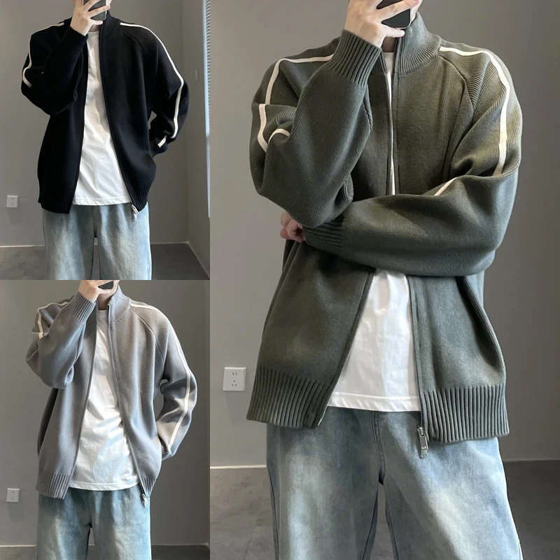 

Мужской вязаный кардиган свободного кроя с воротником-стойкой, осенний модный свитер с длинными рукавами, универсальный молодежный стиль