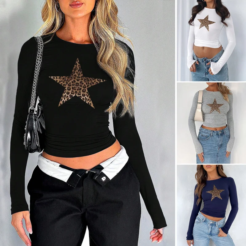 

Diyun Women'S Digital Printed Star Sexy Waist Cinching And Exposed Navel Long Sleeved T-Shirt