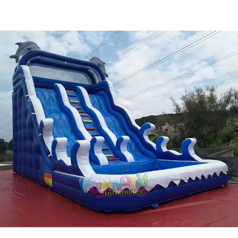 Blue Water Slide with Pool Inflatable Double lane slip Slide Tropical Inflatable Water Slides