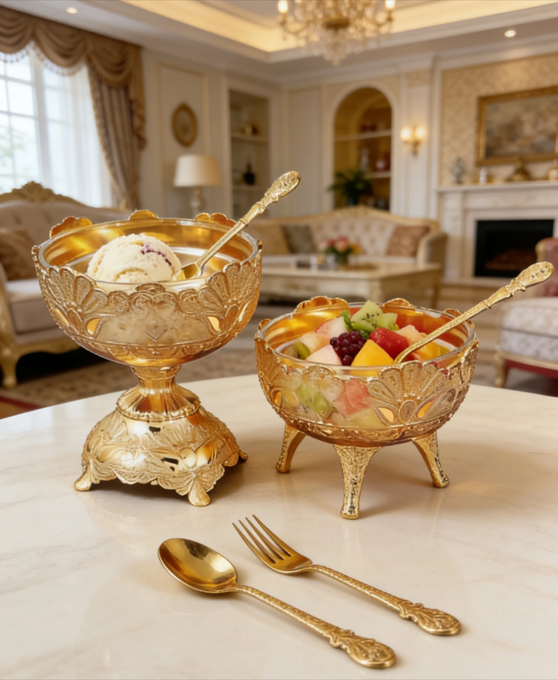 

European Print Metal Footed Ice Cream Bowl with Glass Inner Wall, Salad Bowl Set with Spoon Fork for Dessert Fruit Party Kitchen