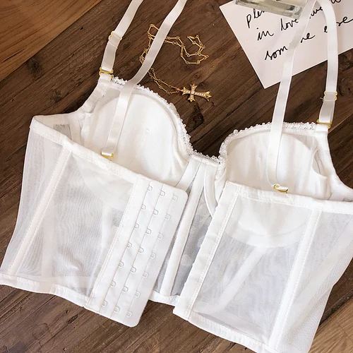 Imagen 2 del producto Conjunto de ropa interior Sexy con bordado de flores de encaje para mujer, conjunto de sujetador de realce moldeador de cuerpo francés, conjuntos de lencería blanca romántica, 2 piezas