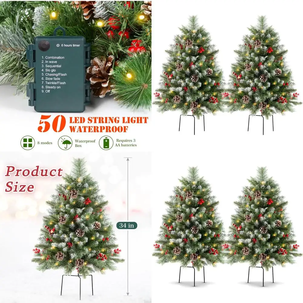 

Battery-Operated Pre-Lit Christmas Tree with Pine and Cedar Cones, Berries, Frosted Urn Filler, 50 LED Lights, Timer, Outdoor fo