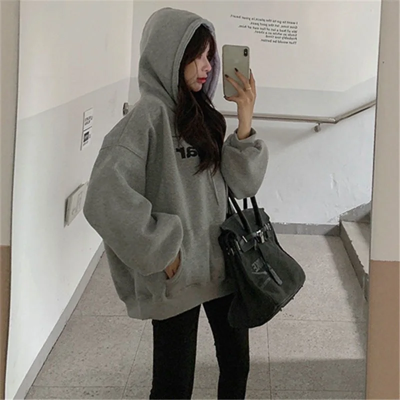 2024 Letter Print Hoodies Women Vintage Winter Fleece Lined Loose Hooded Shirt Grunge Sweatshirt Y2k Clothes Oversized Pullovers