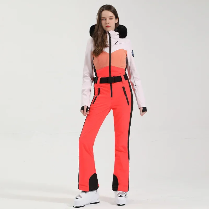 Ski Suit Women's One-piece New Waterproof and Warm Splicing Waist Ski Pants Set Ski Equipment