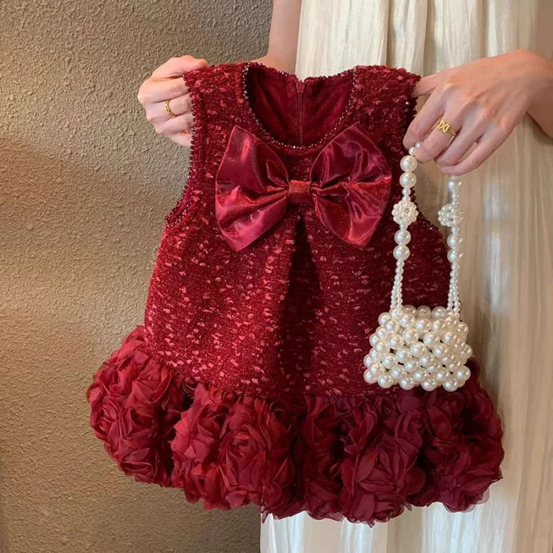 Girls' Princess Dress One Year Old Celebration Dress2024New Winter Clothes Baby Girl Vest Dress Velvet Padded Dress Red New Year