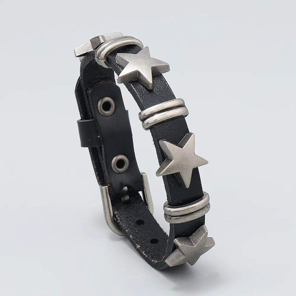 Punk Star Chains Gothic Bracelet Bangle Rock Cuff Bracelet Chains Black Studded Faux Leather Bracelet for Women Men Jewelry