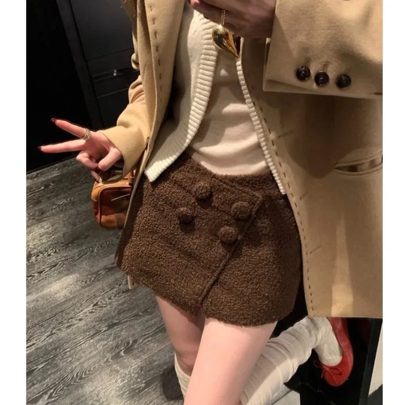 Women Tweed A-line Skort High Waist Multi Button Design Slim Mini Skirt Winter