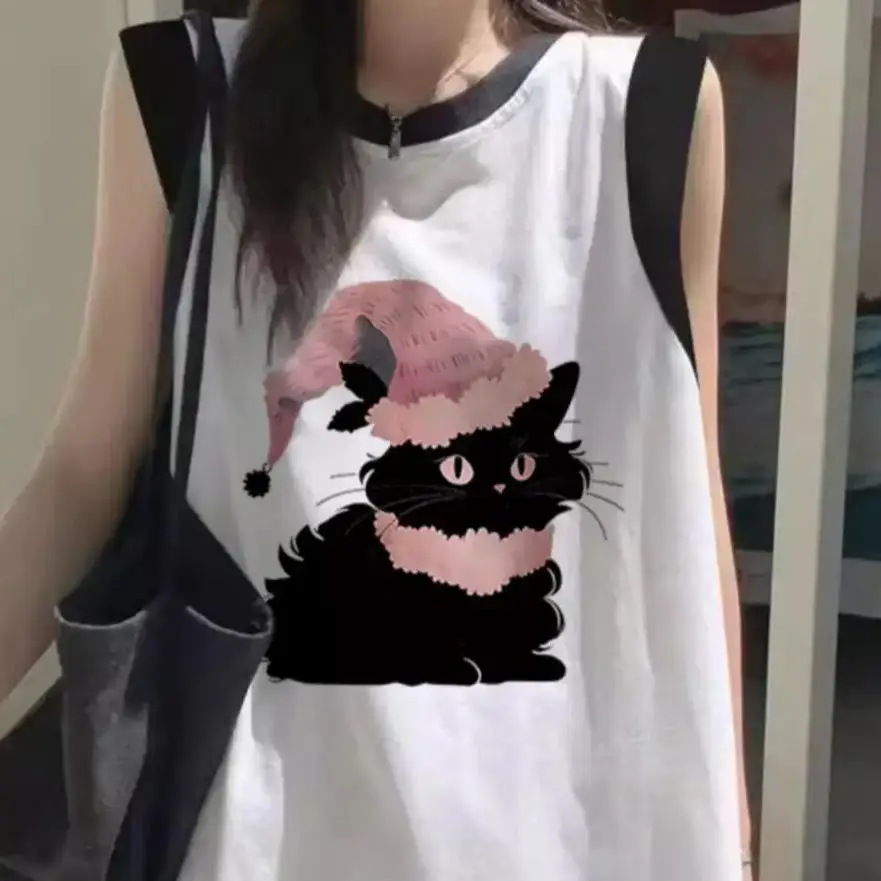 Korean Style Powdered Black Sleeveless Jacket Top For Women Hip Hop Fashion Brand Summer Clothes For Girlfriends Loose Top