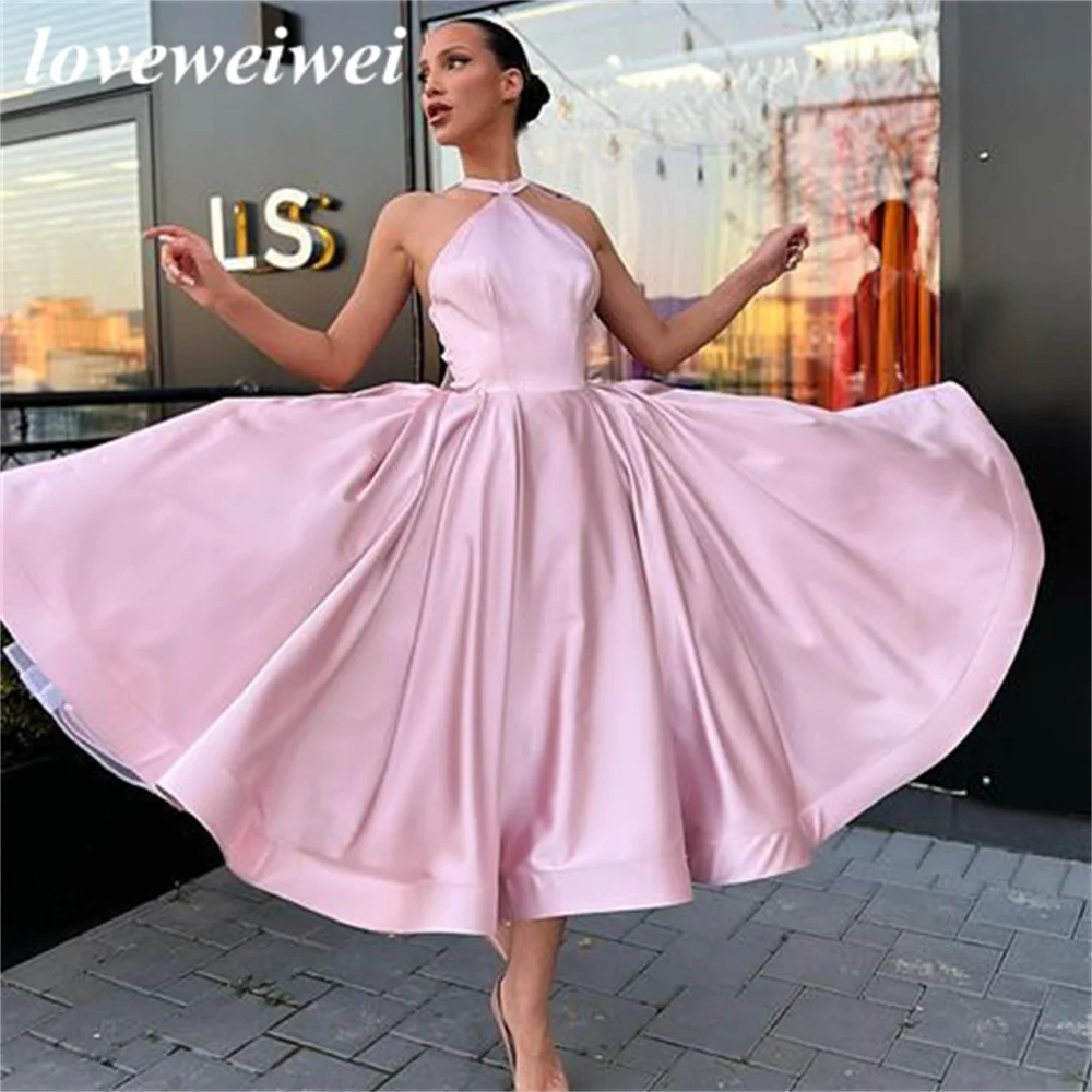 

Loveweiwei A Line Pink Evening Dresses Sleeveless Prom Dresses Halter Neck Prom Gowns Fashion Evening Gowns vestido de festa