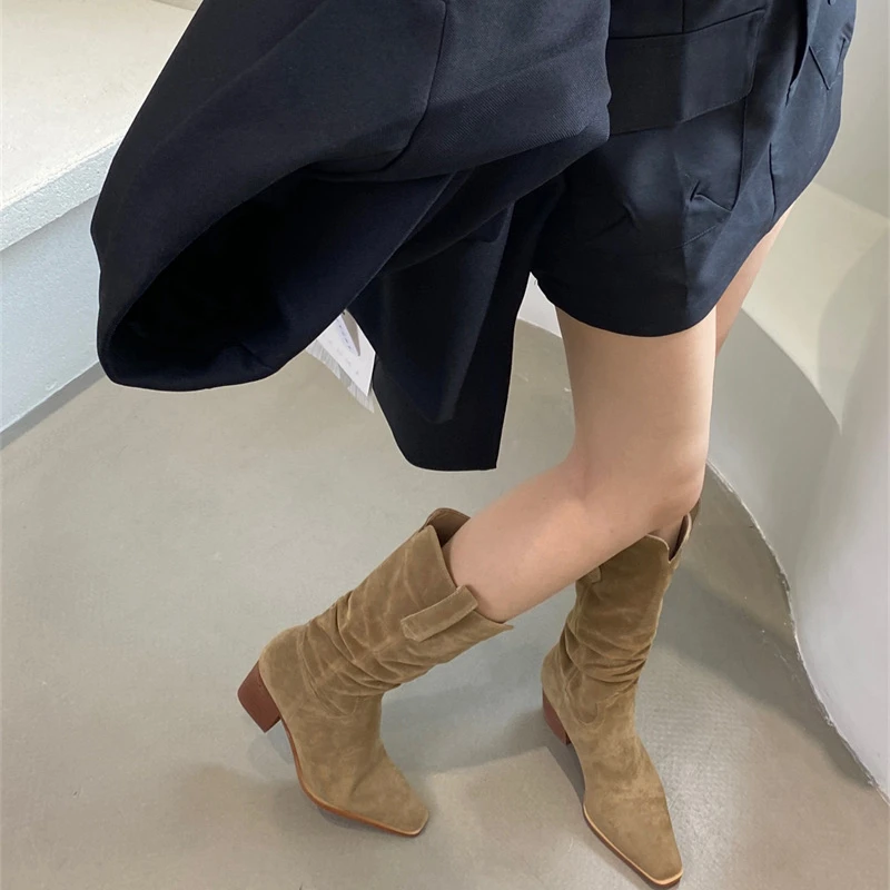 Western Cowboy Boot Vintage High Boots Mid-Calf Suede Boots Women Pointed Toe Non-Slip Knight Boots Shoes buty na platformie