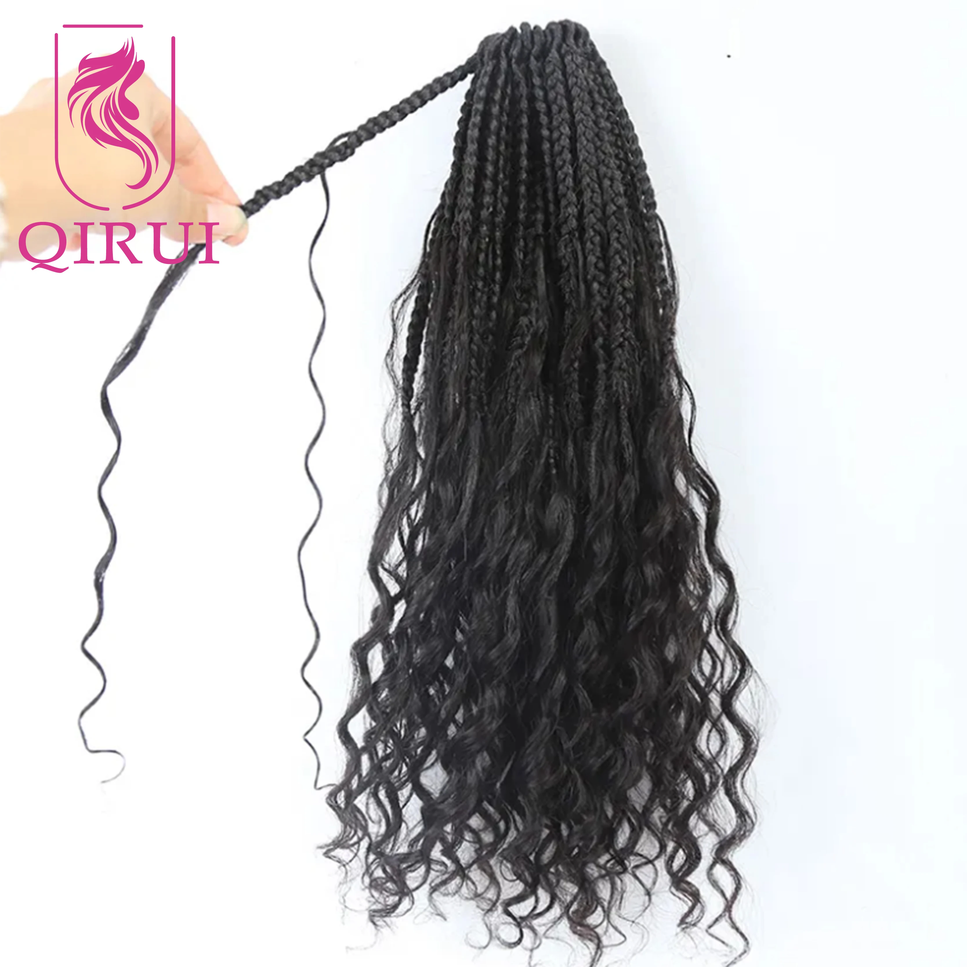 Trenzas de caja Boho de ganchillo con rizos de cabello humano, trenzas de caja preenrolladas con cabello humano rizado, extremos completos,