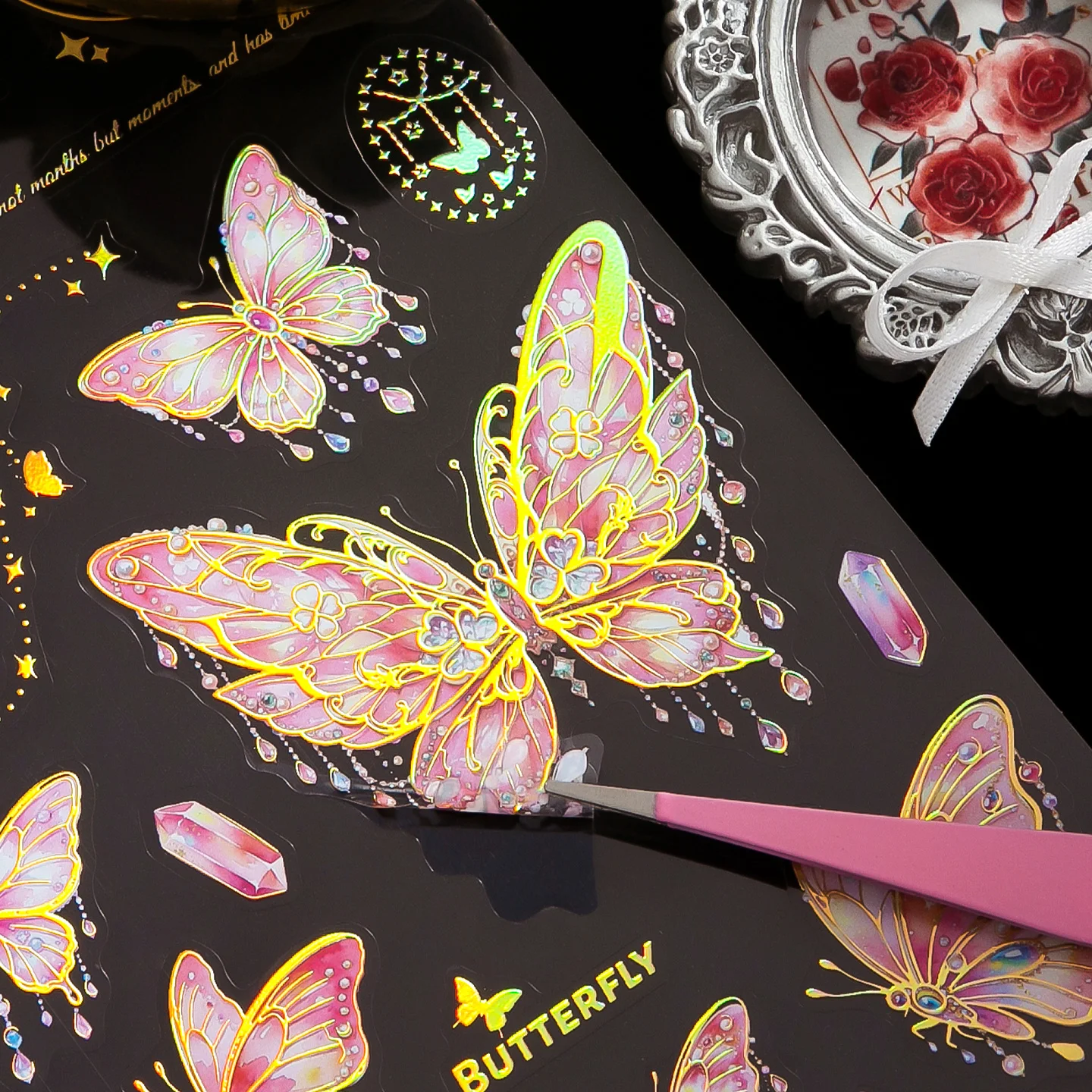 JIAMEI 2sheets Sparkling Wings Series Ins PET Butterfly English Word Element Die cut Stickers DIY Scrapbook Aesthetic Supplies