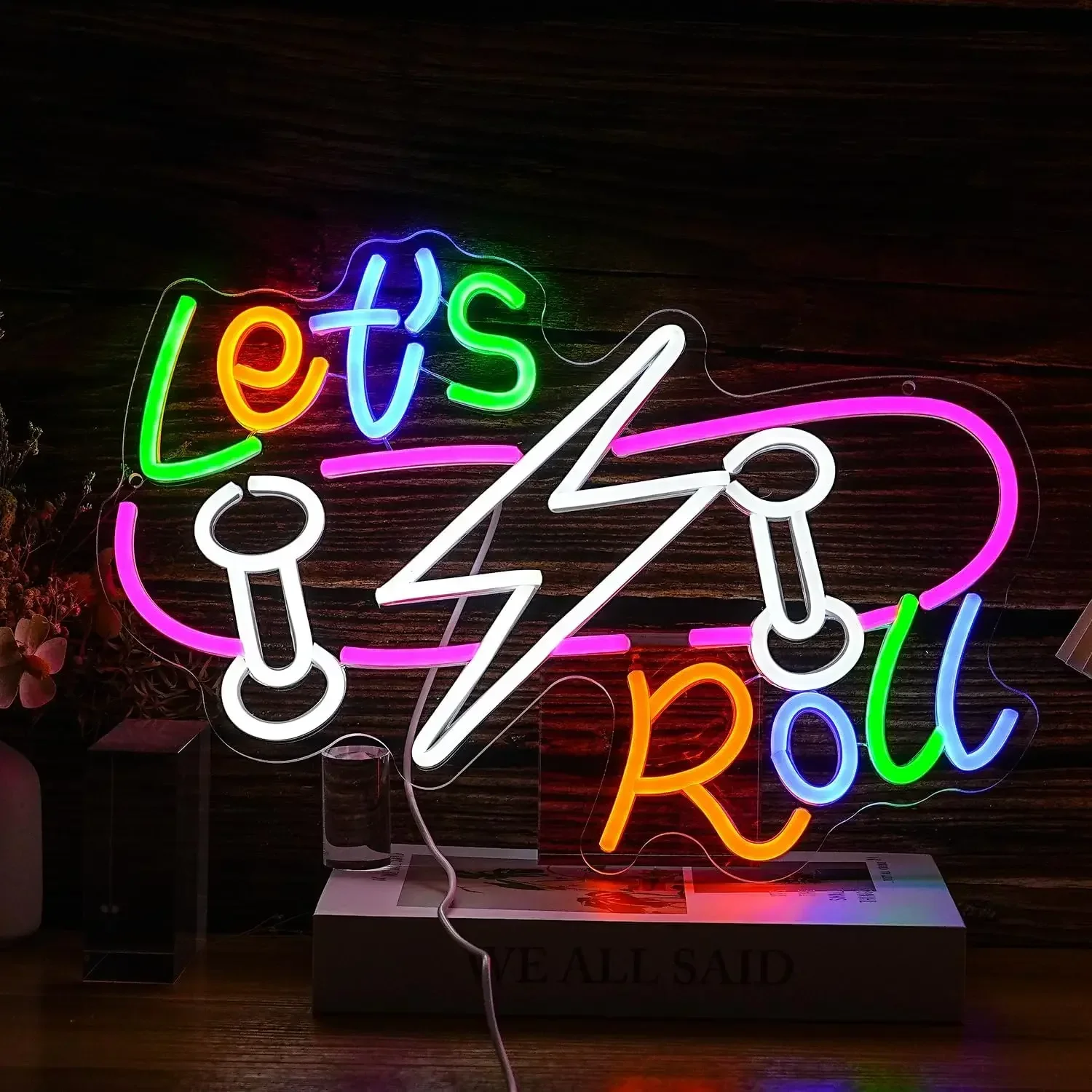 Let's Roll Neon Sign Dice Lightning Bolt LED Wall Art USB Powered Decor Game Room Party Casino Lover Novelty Gift Hanging Light