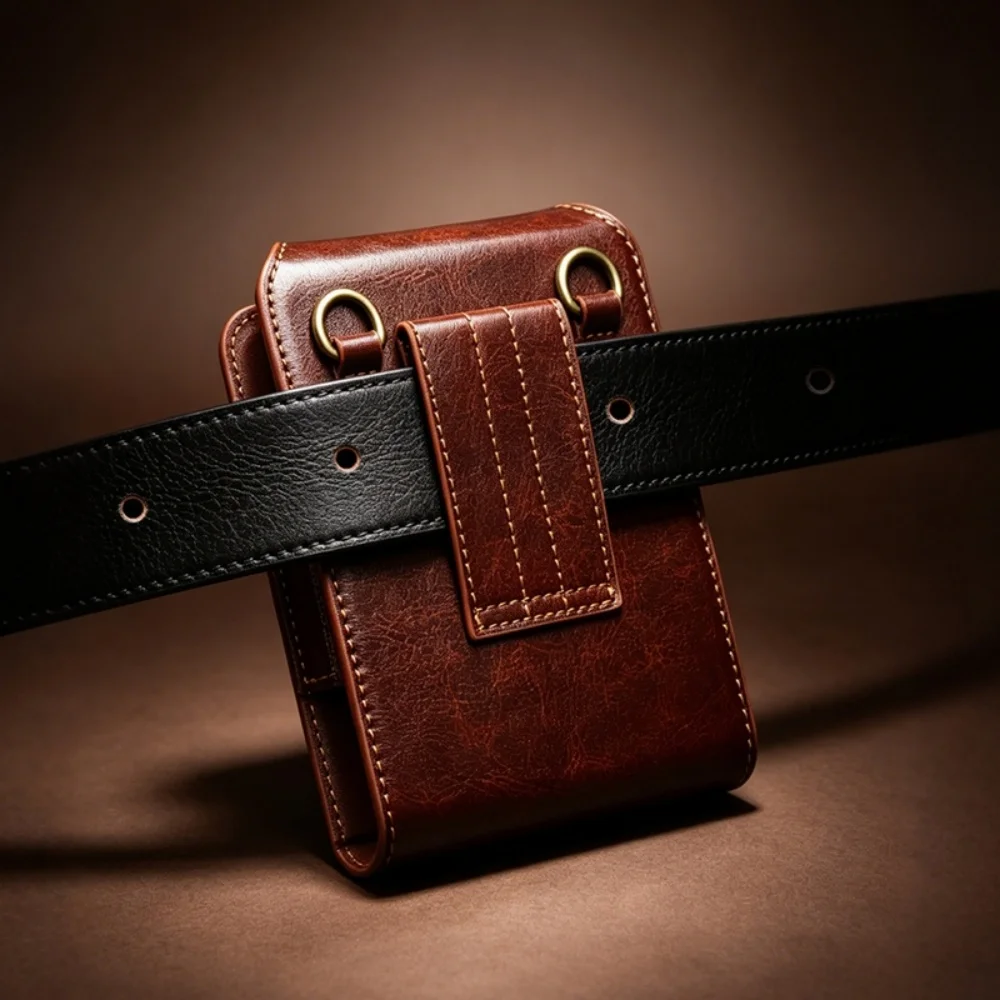 Premium Cowhide Leather Waist Bag Strap Case For Samsung iPhone Huawei Business Cover