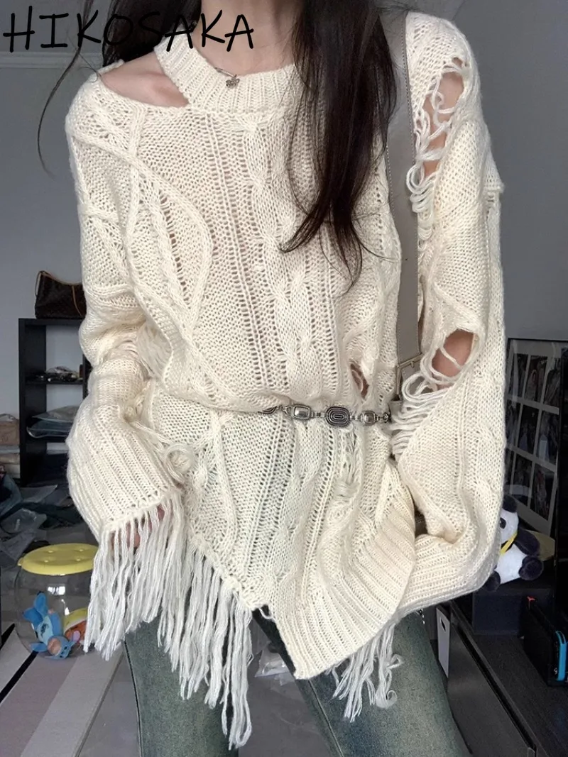 Fairycore Grunge Punk Casual Broken Hole Sweaters Women Off Shoulder Long Sleeve Tassel Pullovers 2024autumn New Y2k Top Ladies