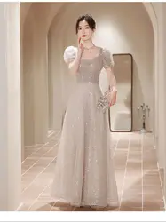 Light Luxury Beige Evening Dress Women's Elegant Short Bubble Sleeve Square Collar Prom Gown Slim Floor-Length A-line Vestido