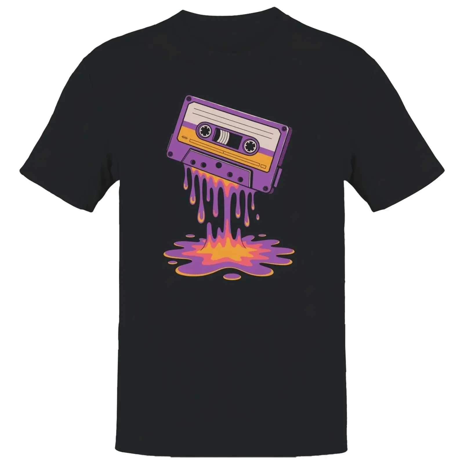 Melting Cassette Tape 80s Drip Art Men's T shirt vintage Washed Stylish Breathable Stretched Casual Versatile designer clothes