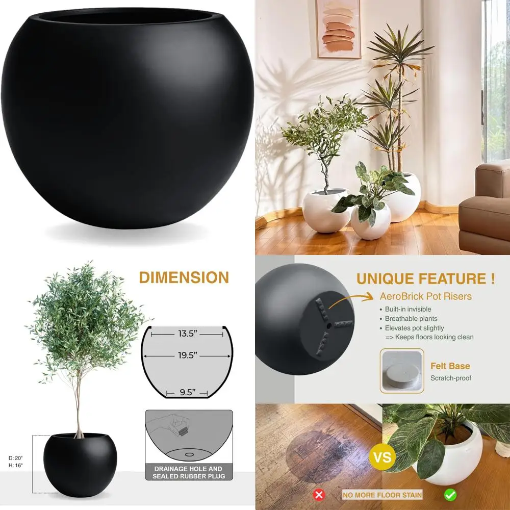 

Round Weather-Resistant Fiberstone Planter, 16 High x 20 Diameter, with Drainage Hole, Suitable for Indoor and Outdoor Plants