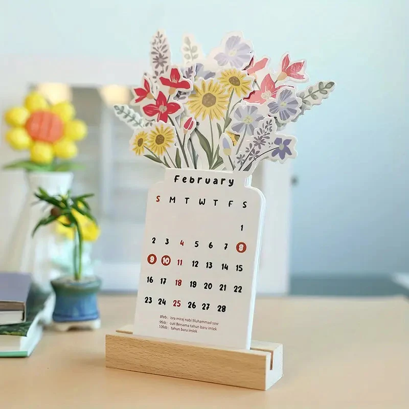 2026 Bloomy Flowers Desk Calendar Mini Calendar Standing Desk Calendar Vase-Like Desktop Monthly Planner For Home School Office