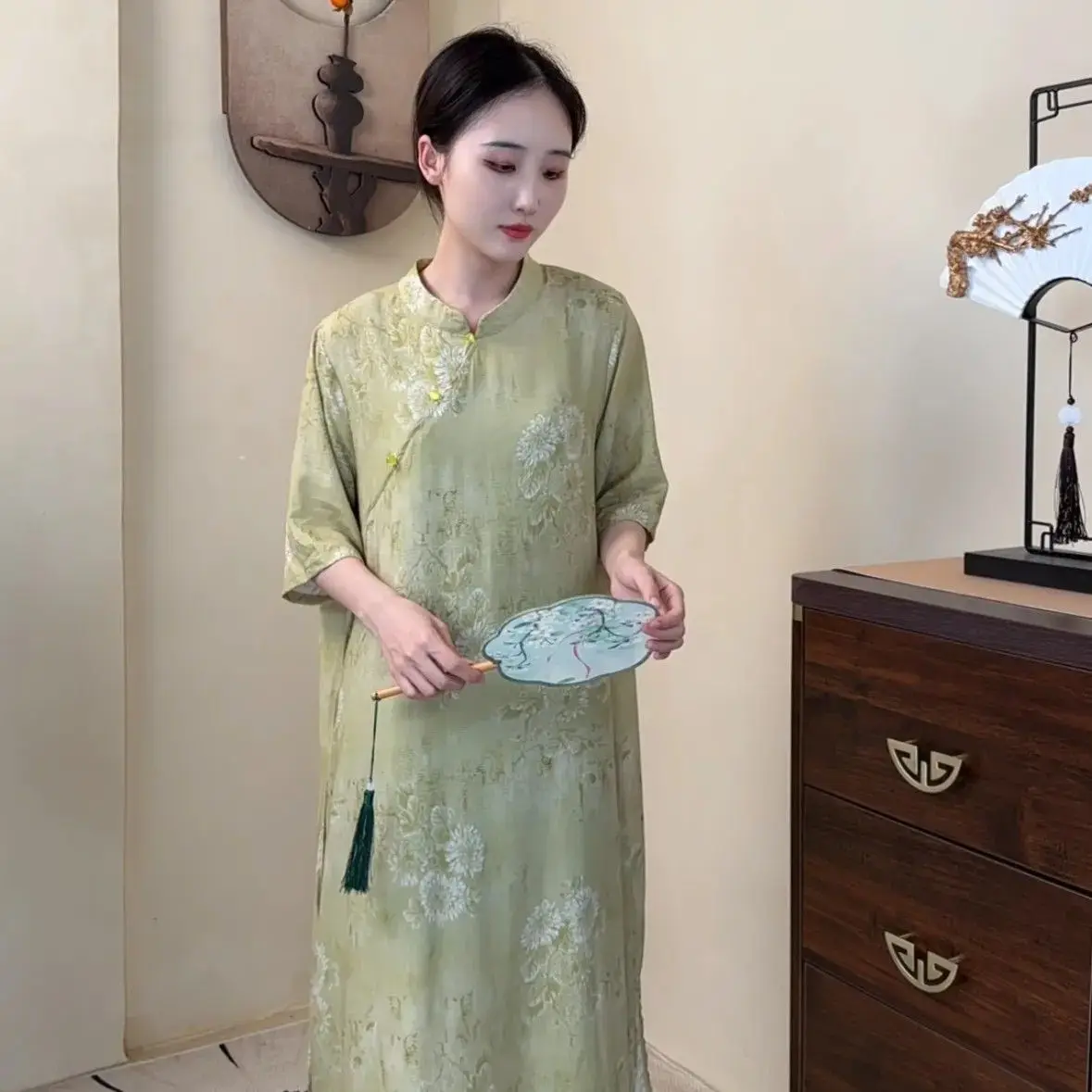 

Лето 2021, новое улучшенное платье Cheongsam в китайском стиле с принтом, элегантное женское свободное платье Ципао в стиле ретро с воротником-стойкой и половиной рукава