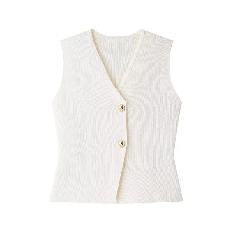 SIYANG Women Fashion Chic Gold Button Plain Knit Vest Tops Female V-Neck Waistcoats Ladies Cusual Knitwear