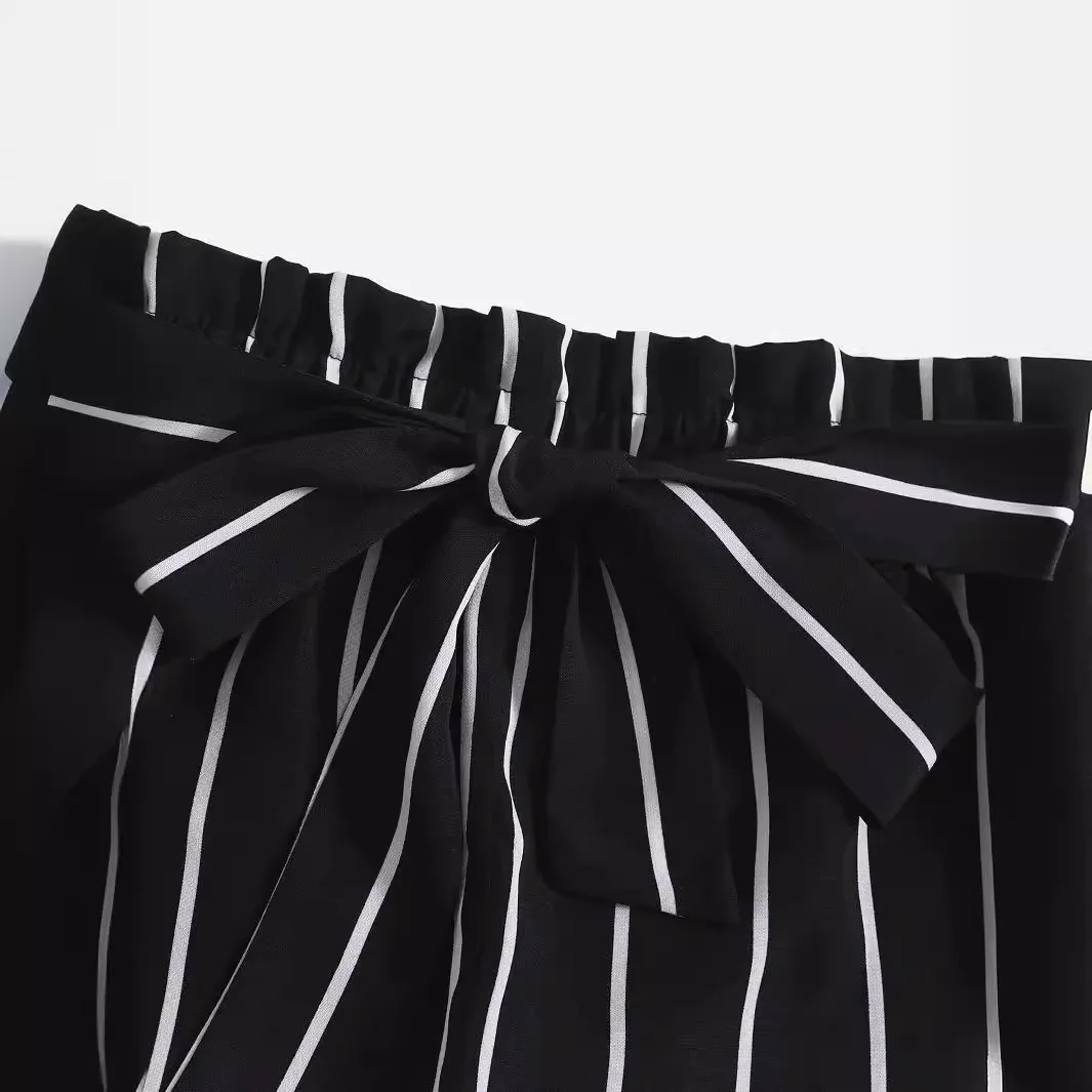 Women\'s Boxer Shorts with Tie Waist Paperbag Waist Black and White Striped Shorts Summer Vacation Beach Outfit