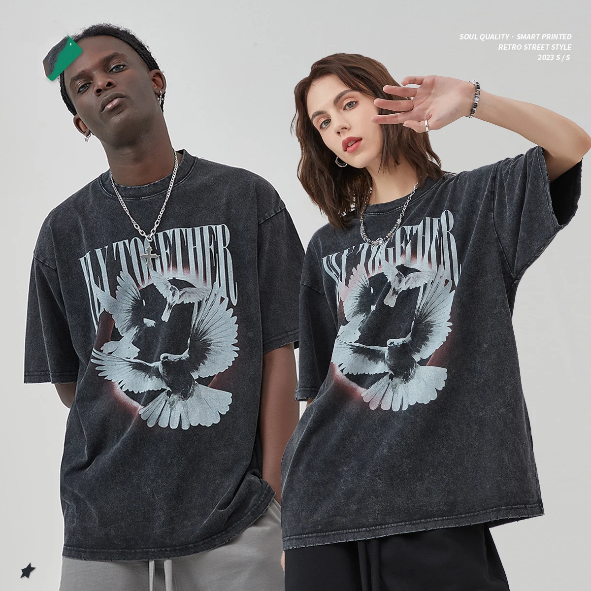 250G Washed Vintage Ripped Short‑Sleeve T‑Shirt, Dove Print Pure Cotton Streetwear Tee UPS/FEDEX Air, 3-5Day Delivery
