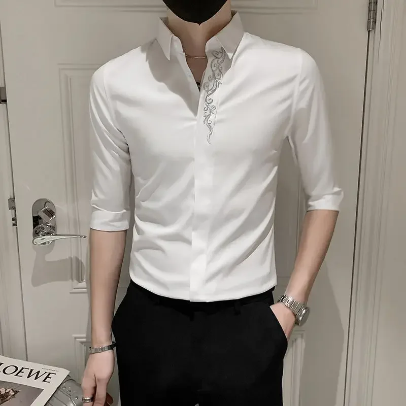

LIBIELIY Korean Style Casual Handsome High-end Embroidered Five-point Sleeve Shirt Men's Summer Fashion Slim Men's Shirt