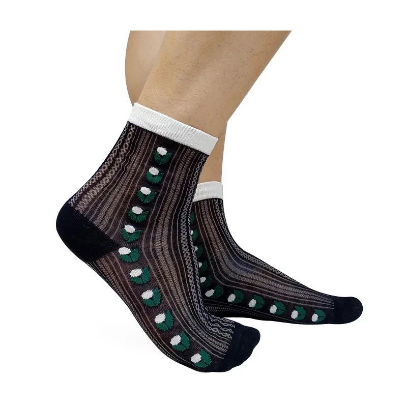 

Мужской костюм с цветочной вышивкой, носки в полоску, деловые сексуальные мужские носки, прозрачные чулки, летние мягкие тонкие носки