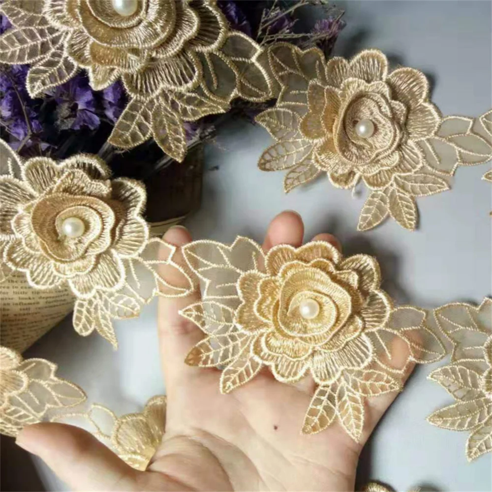 1 Yard Vintage Gold Polyester Perle Blume bestickt Spitzenbesatz Band Stoff handgemachte Kleidungsstück Hochzeitskleid Nähen Handwerk