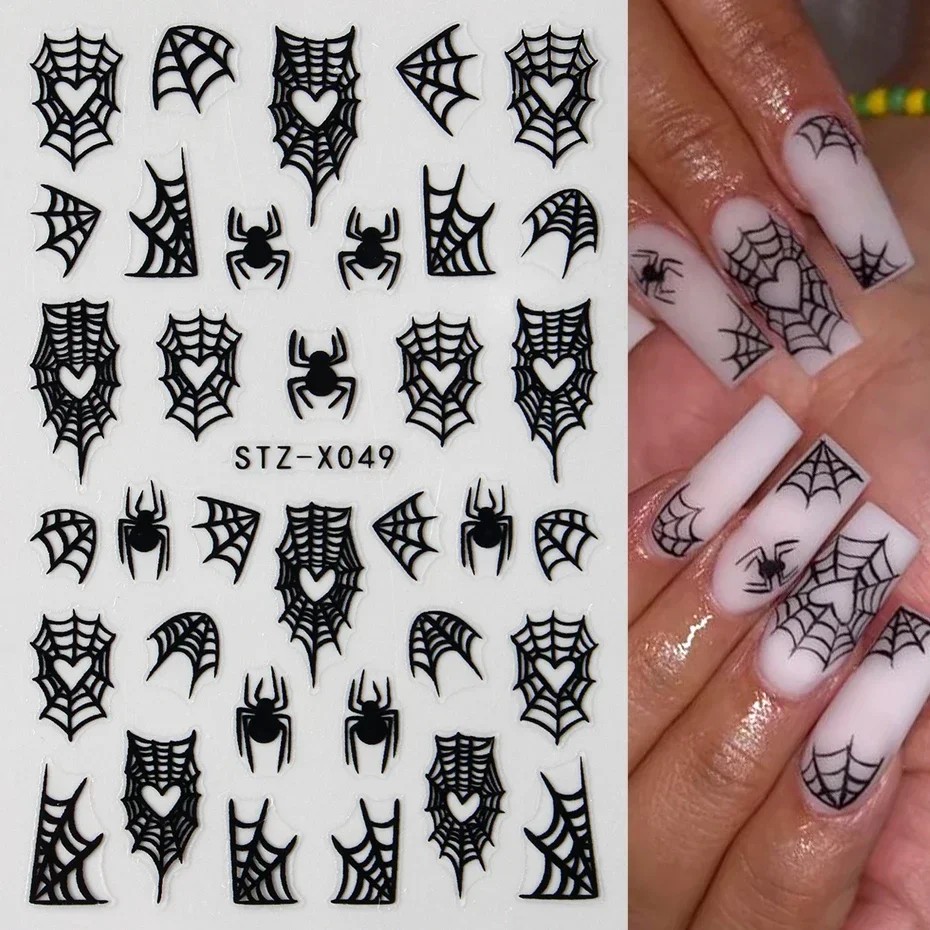 

3D Halloween Nail Art Stickers Black Spider Webs with Bats, Moon & Heart Nail Art Decoration Self-Adhesive Nail Decals for DIY