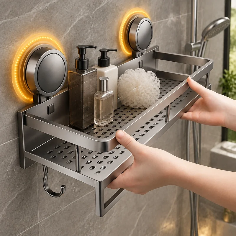 Bathroom Aluminum Shelf with Suction Mounts, Drill-Free Wall Rack for Shower and Toilet Storage