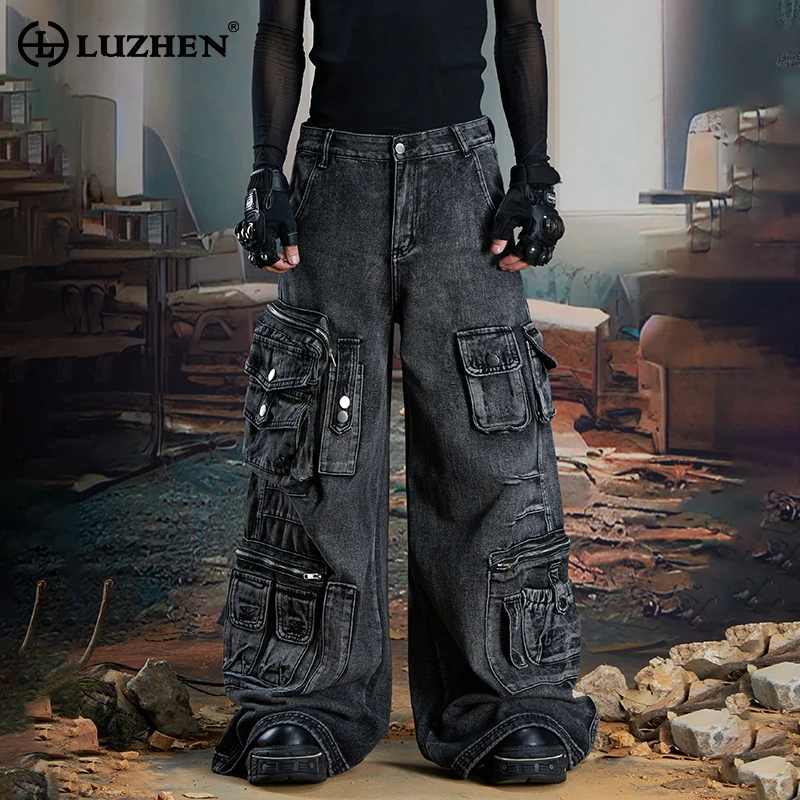 

LUZHEN оригинальные свободные прямые джинсовые брюки-карго с множеством карманов, мужские джинсы 2025 года, новые уличные мотоциклетные джинсы в винтажном стиле JY4983