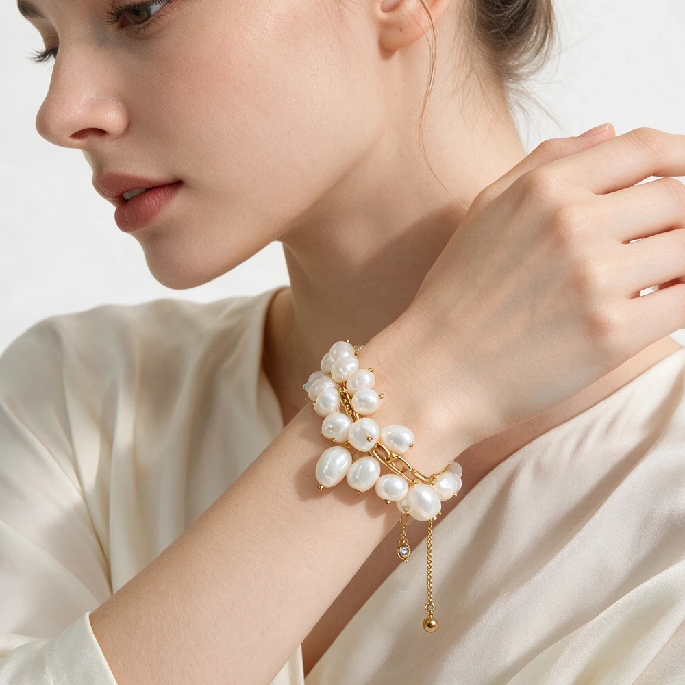Elegant Women White Freshwater Pearl Adjustable Drawstring Wrist Bracelet Titanium Steel Luxury Hand Jewelry Charms Bangle Gifts