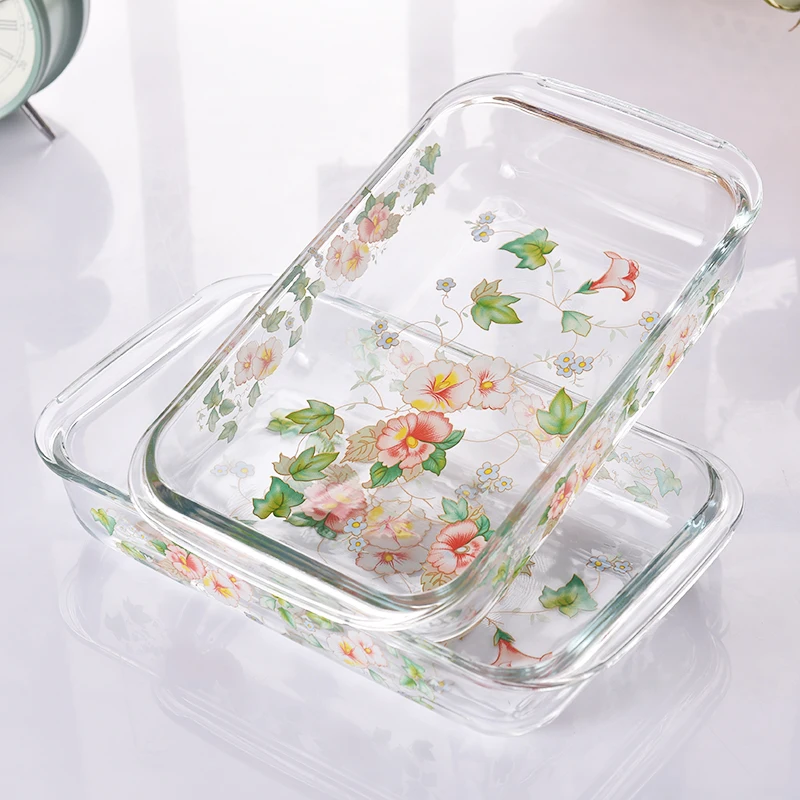 

Glass Dishes Flower Pastoral Rectangular Microwave Baking Tray Baked Rice Salad Plate Large Capacity Food Container Tableware