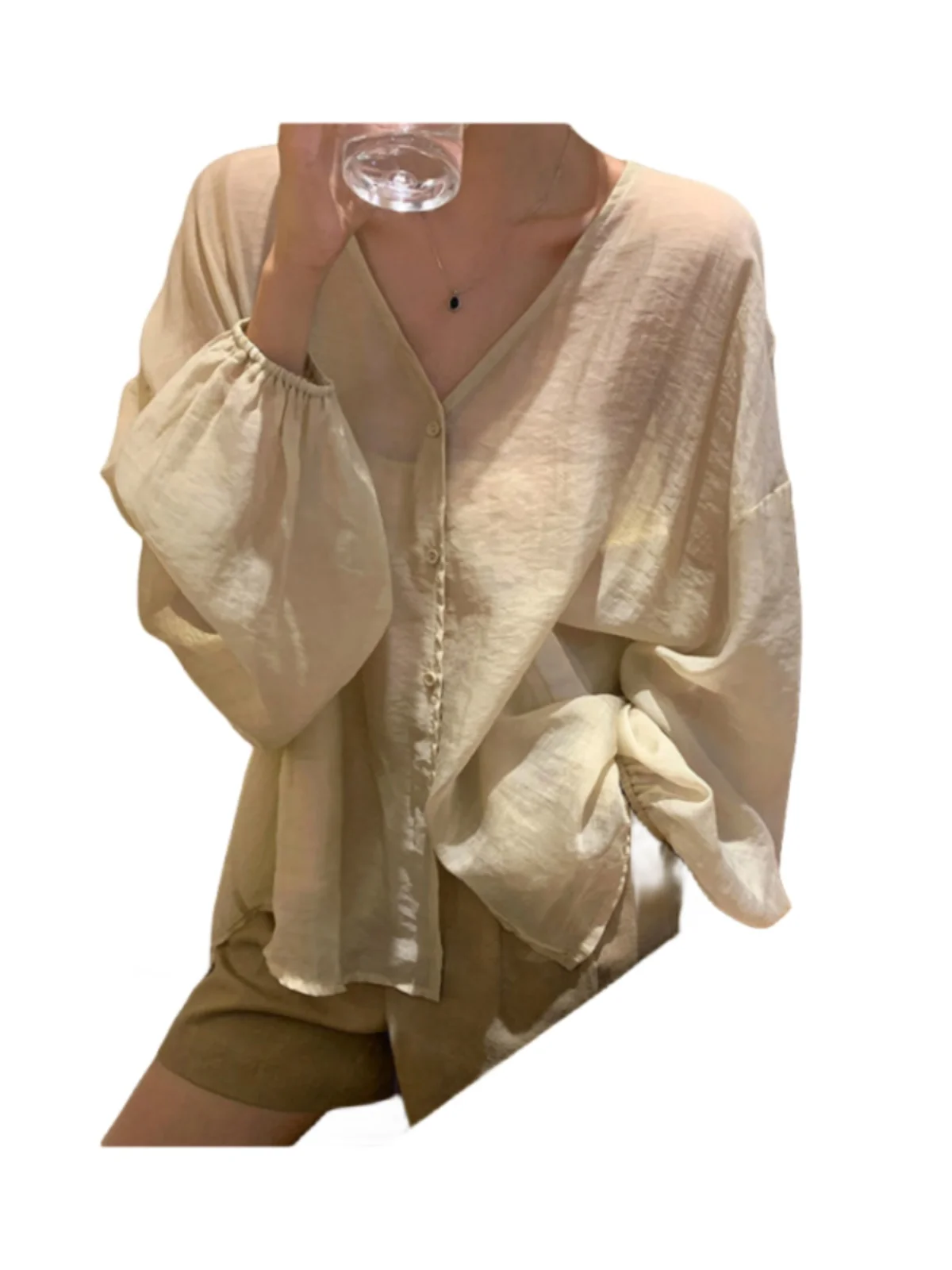 قميص نسائي فضفاض بأكمام طويلة على الطراز الصيني الجديد، رقبة على شكل حرف v، أكمام واسعة، حماية من الشمس، نمط عصري للتنقل #1