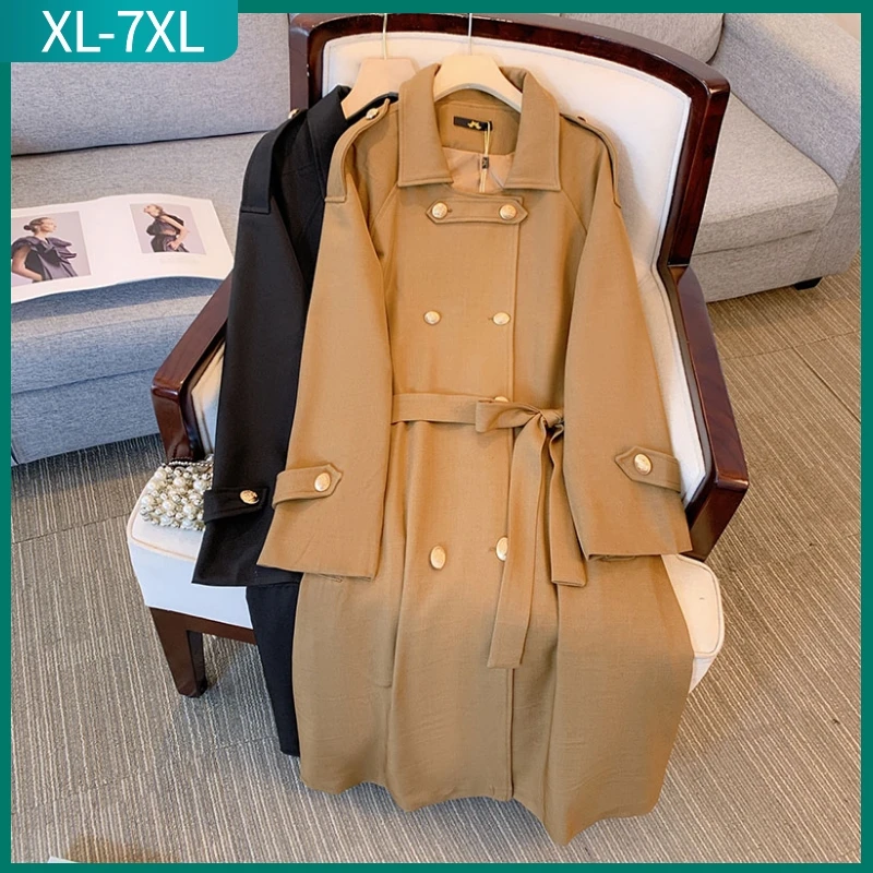 New 2023 Autumn Winter Plus Size Overcoat For Women Large Size Loose Long Sleeve khaki Belt Long Coat 3XL 4XL 5XL 6XL 7XL