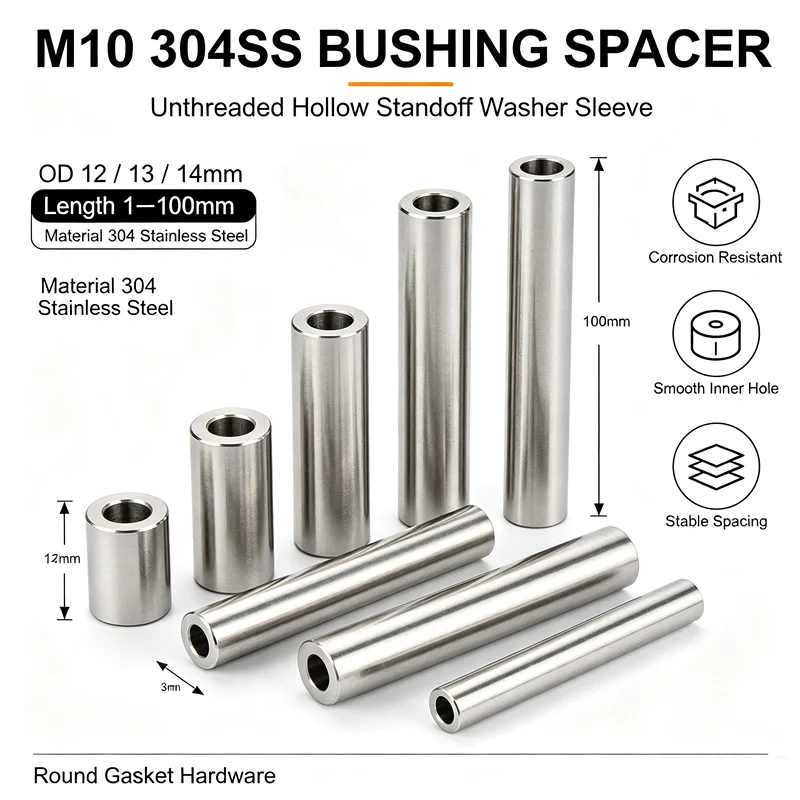 Image of M10 304SS Buchsen-Abstandshalter 12/13/14mm Außendurchmesser Ungewindete Hohle Abstandshalterhülse 1-100mm Länge Runde Dichtung Hardware