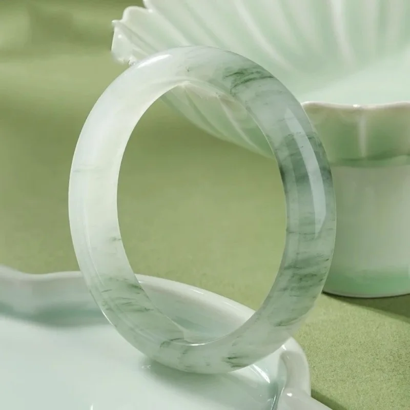 Xinjiang Tianshan Bracelet, Ice Type, Women's Style, Natural Golden Silk Jade, Snow Green, Flat Bar with Flower Pattern