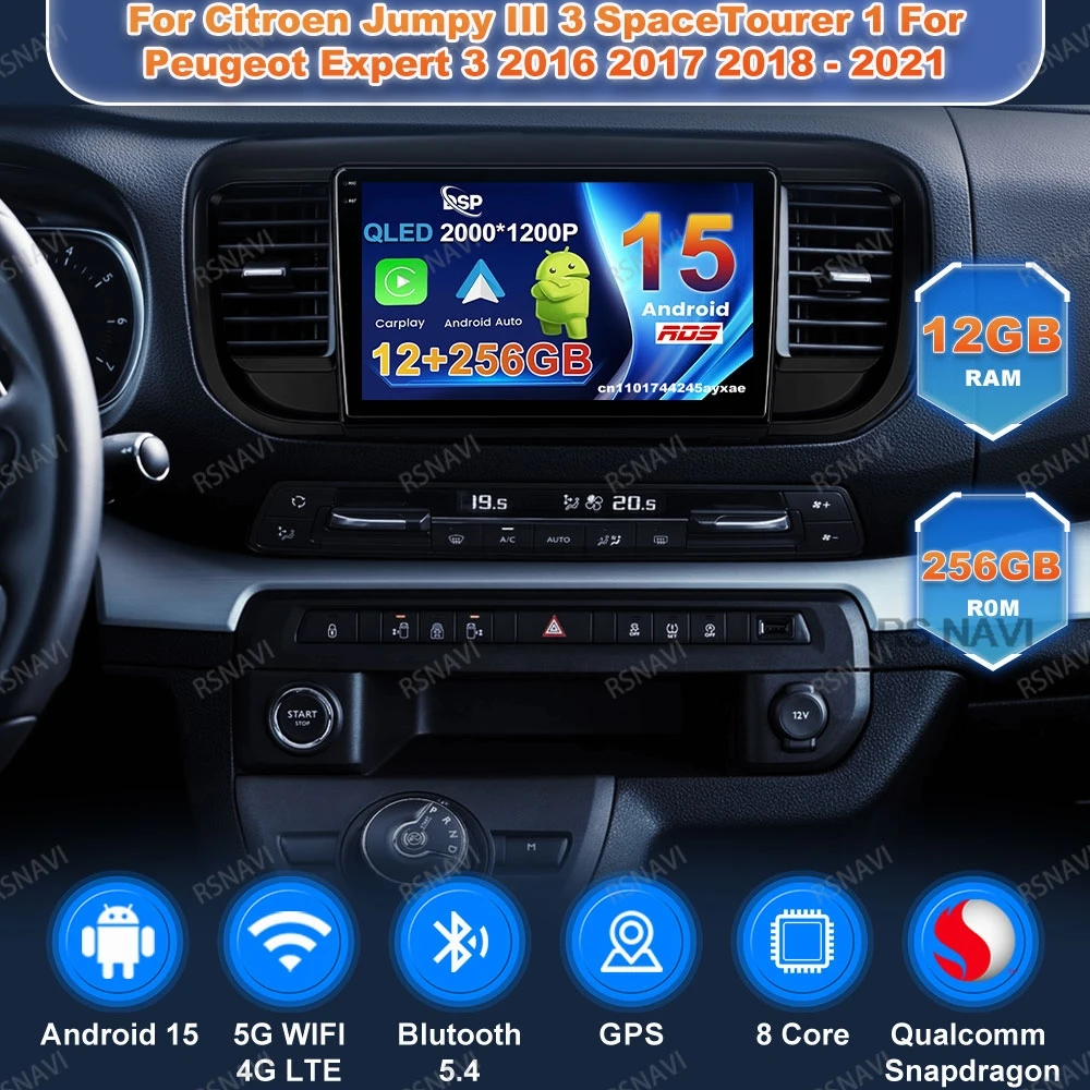 Android 15 Car Radio For Citroen Jumpy III 3 SpaceTourer 1 For Peugeot Expert 3 2016 2017 2018 - 2021 Stereo GPS 4G LTE QLED DVD