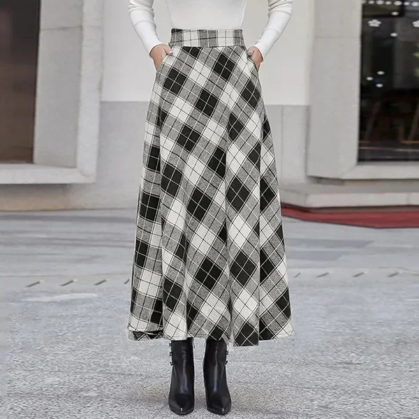 Womens Fall/Winter Versatile A-Line Party Casual Swinging High-Waisted Long Skirt With Plaid Pattern Faldas Largas Ropa De Mujer