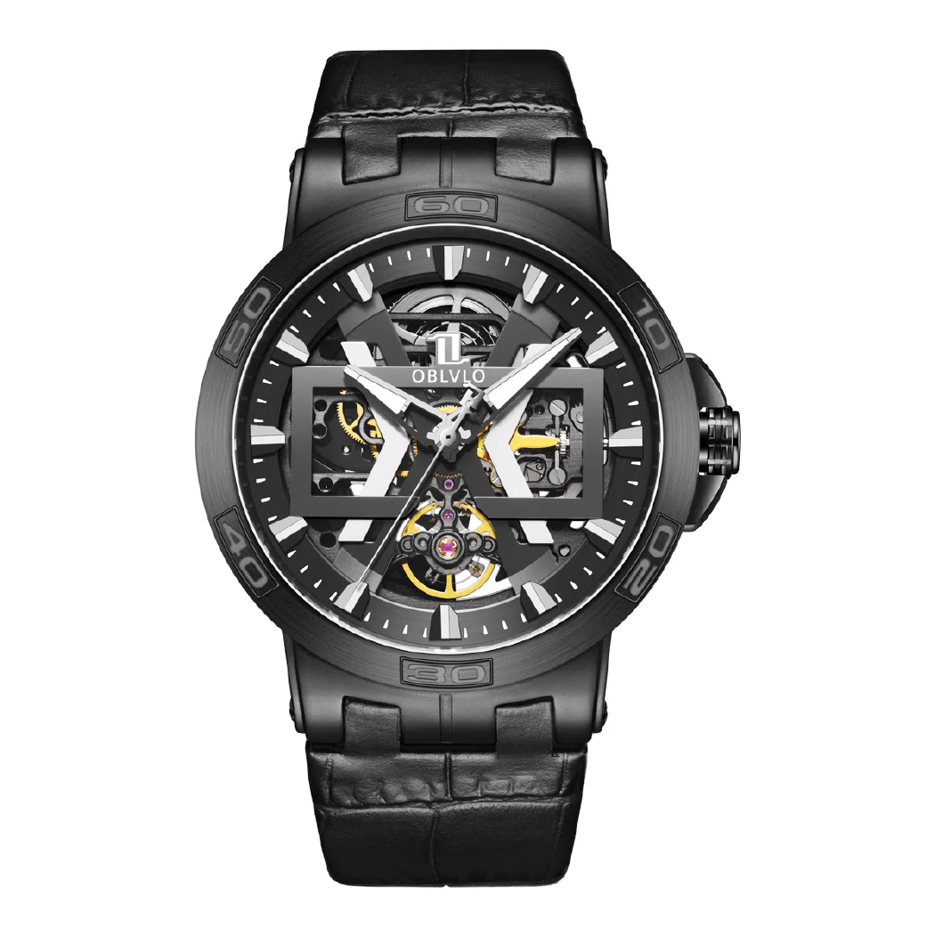 مستطيل الرياضة الهيكل العظمي مضيئة العسكرية التلقائي ساعة ميكانيكية للرجال الصلب حزام من الجلد الياقوت مقاوم للماء UM