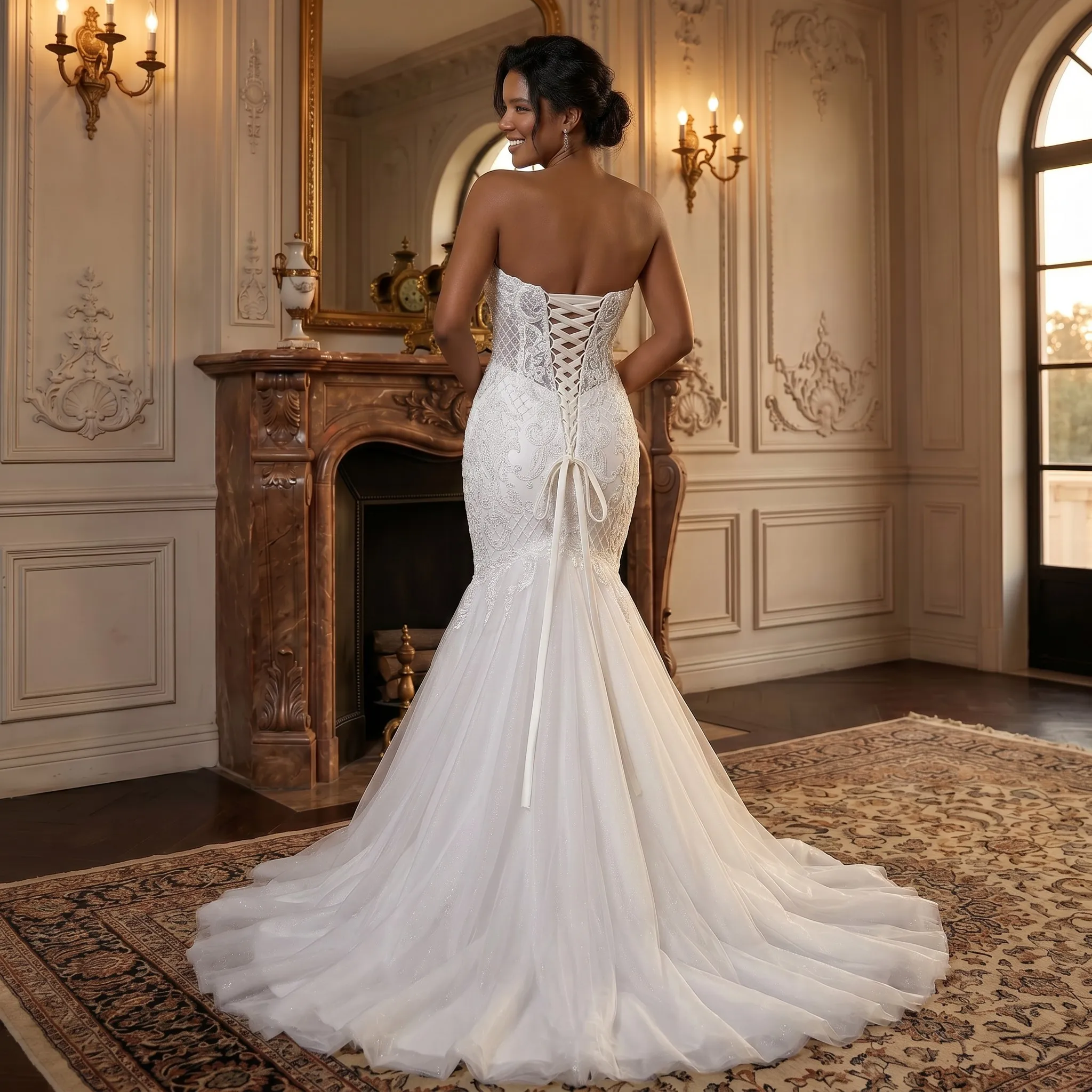 Strapless Sweetheart Mermaid Wedding Dress Lace Appliques Corset Back Tulle Train Bridal Gown Plus Size Customizable