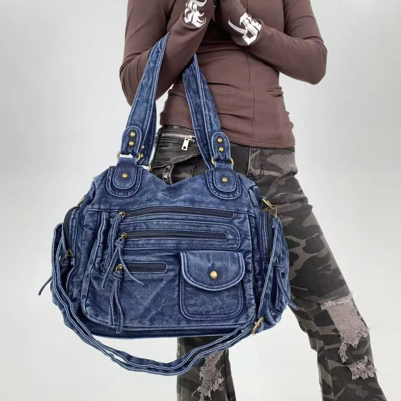 

Y2K Street персонализированная женская сумка через плечо с несколькими карманами, большая вместительная мотоциклетная сумка в стиле ретро