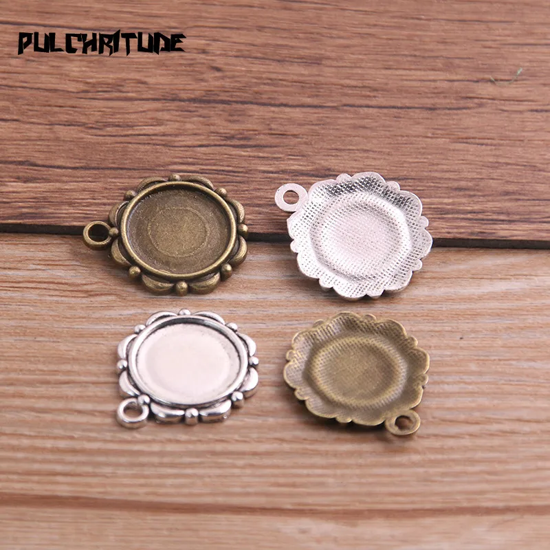 10pcs 14mm Inner Size Antique Bronze And Silver color Flower Style Cabochon Base Cameo Setting Charms Pendant T6764 - Image 2