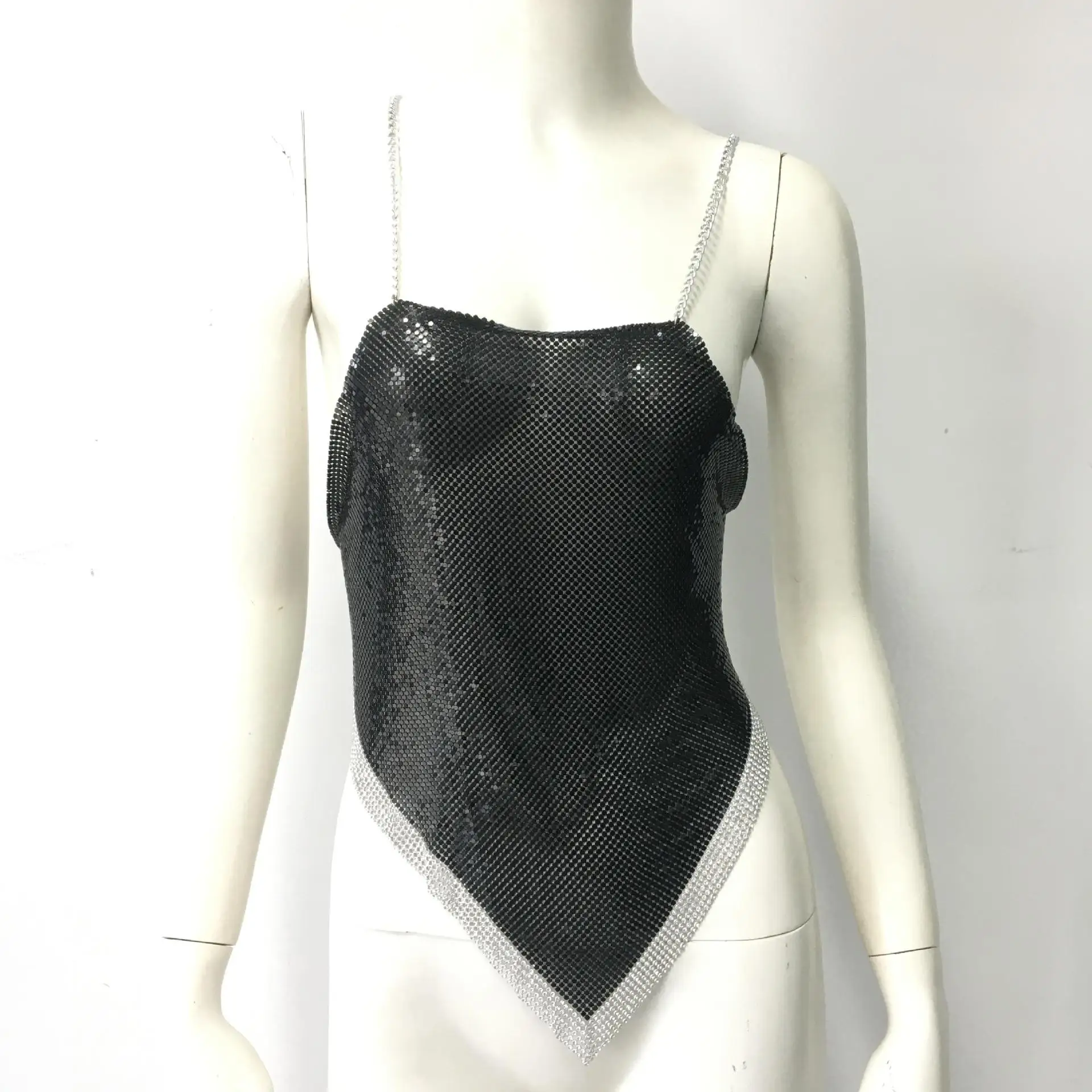 Chic Metal Sequins Design Tank Top Women Backless Halter Neck Camisole Vocal Concert Festival Party Streetwear Crop Top