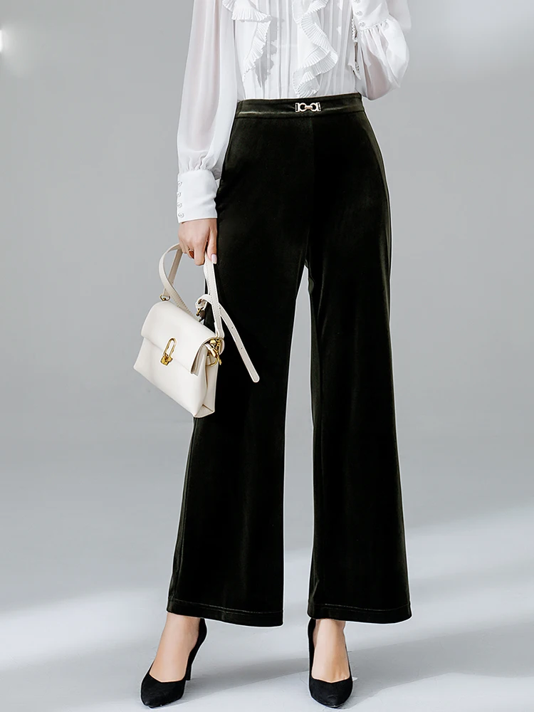 

High Waist Velvet Wide Leg Pants Women's Loose Drapey Olive een New 2025 by Nan You Rose Commute Sle Casual Trousers