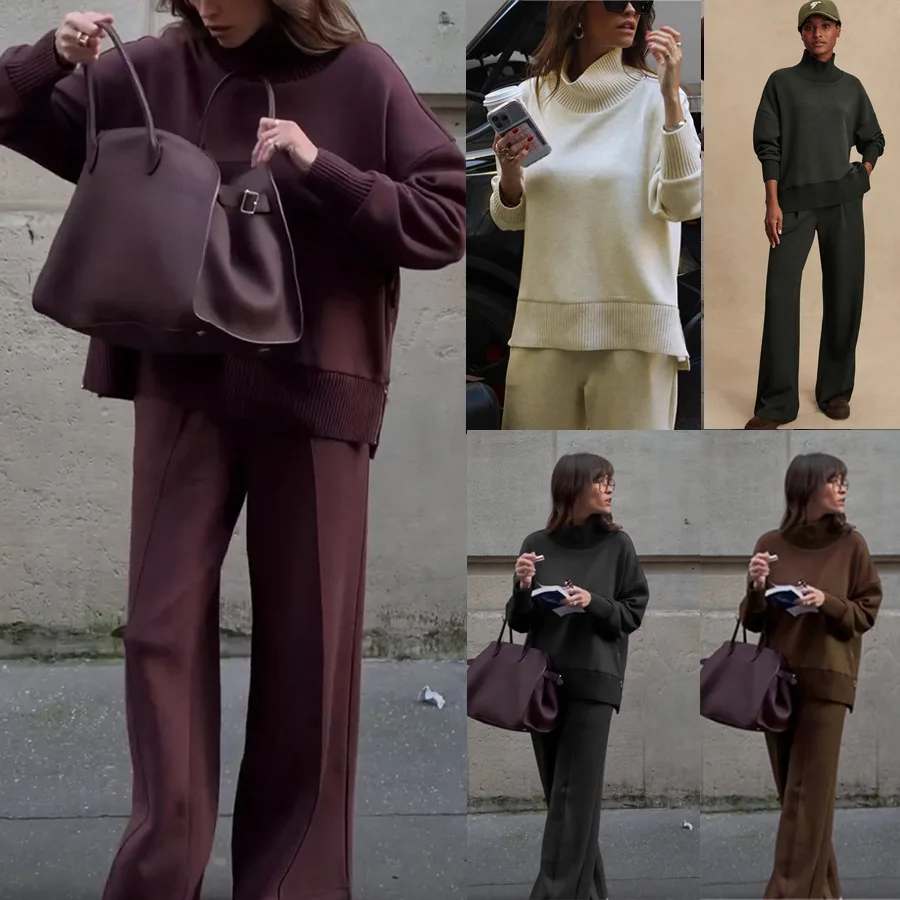 Women's Multi-Color Knit Sweatshirt & Wide Leg Pants 2 Piece Set Casual Minimalist Daily Outfits 2026