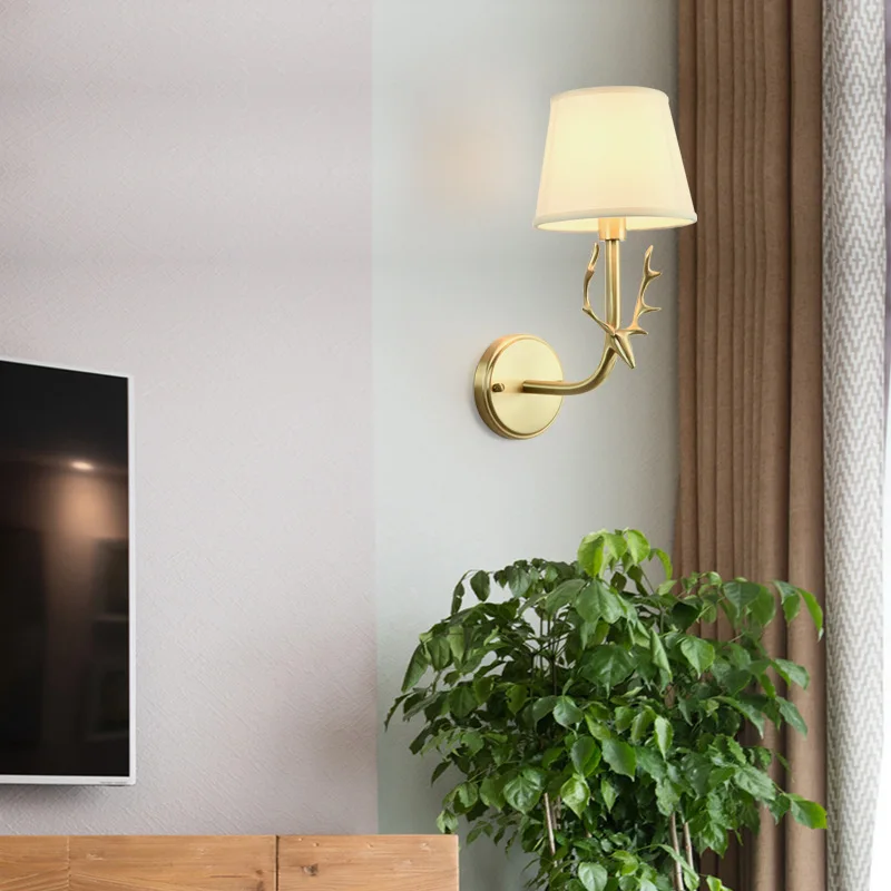 American Style All Copper Bedsides Bedroom Deer Head Fabric Wall Lamps Foyer Background Wall Lights Creative Aisle Villa Cafes