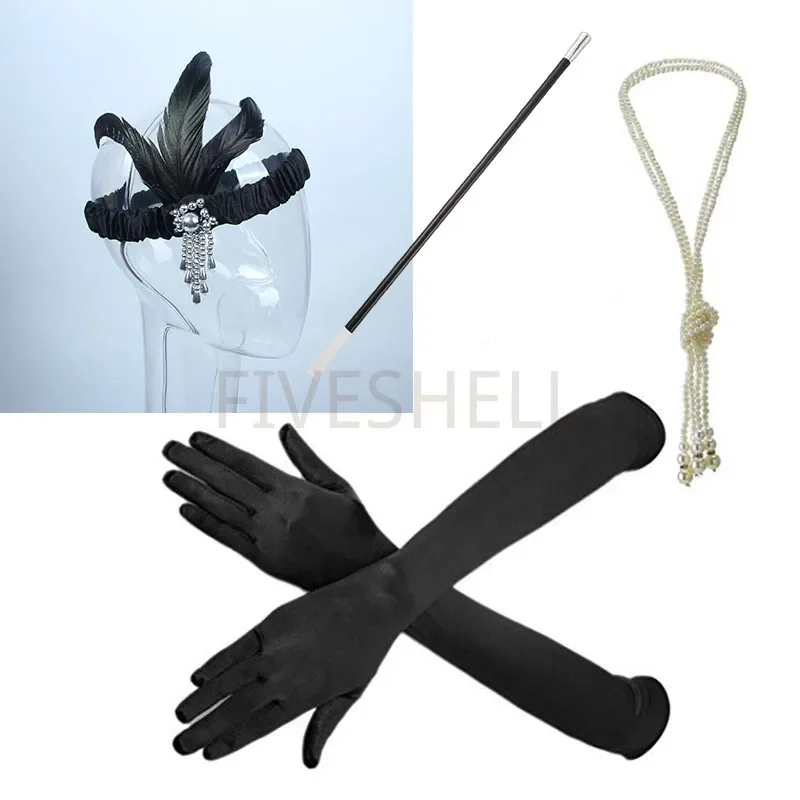 4 Pcs Set 1920s Accessories Great Gatsby Costume Accessories Set 20s Flapper Headband Pearl Necklace Cigarette Holder Gloves 4